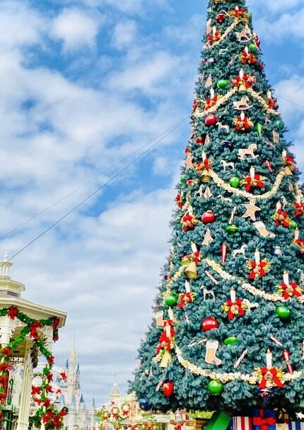 Christmas tree at Disney World showcasing holiday magic.